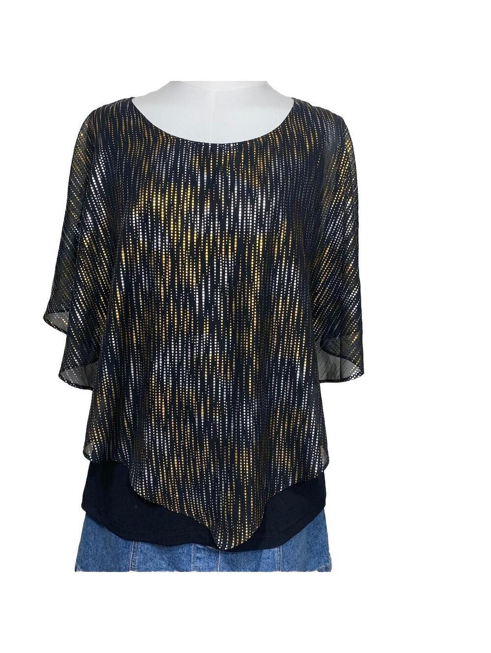 I.N. Studio Poncho Blouse Women S Black Gold Silver Metallic Foil Layered Top